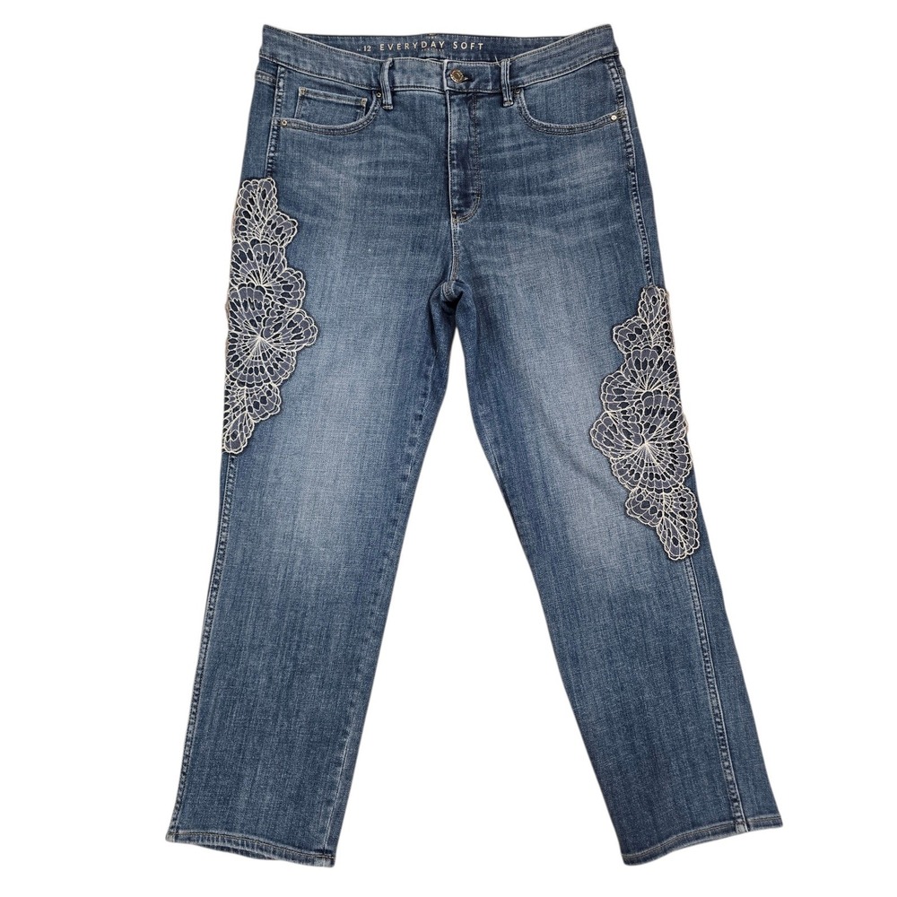 White House Black Market Straight Leg Jeans Embellished Lace Denim Blue Size 12
